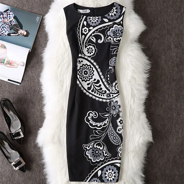 Soperwillton, летнее женское платье, для офиса, с принтом, карандаш, Vestidos, бодикон, с круглым вырезом, повседневное, без рукавов, женские платья# A767 - Цвет: 39