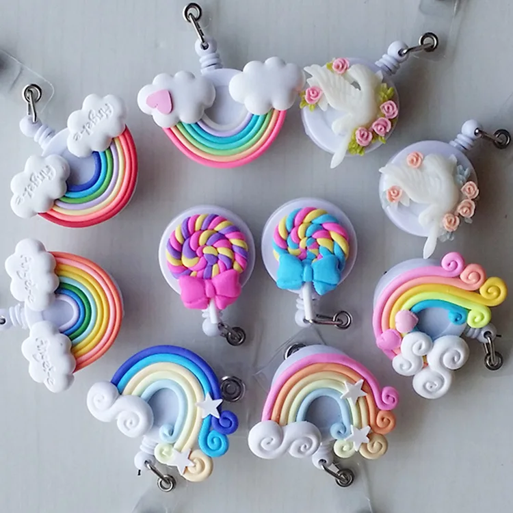 

3pcs/lot rainbow Retractable Badge reel ID Card Clip ID Badge Cute Little Tag Card Holder Reel For School Office Company