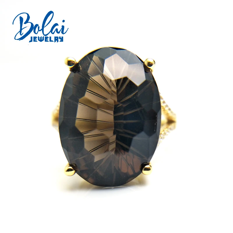 Bolaijewelry, натуральный oval13* 18 мм футбольный огранка дымчатый кварц драгоценный камень кольцо 925 стерлингового серебра ювелирные украшения хороший подарок для женщин