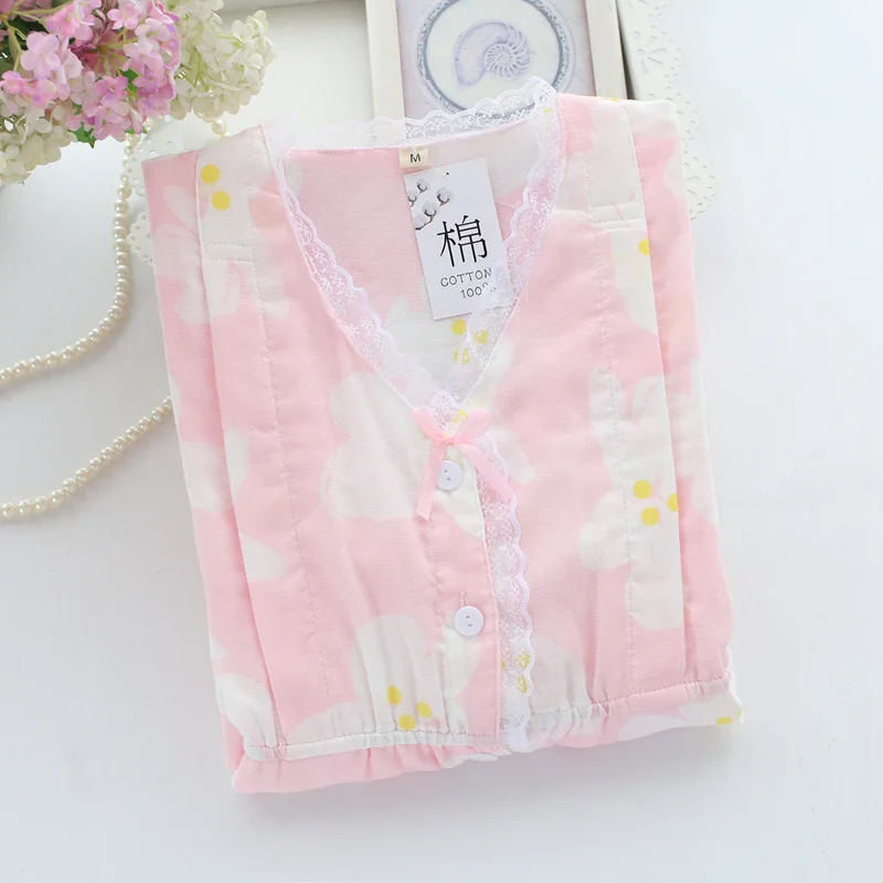 Хлопок марлевые женские пижамы с длинным рукавом v-образным вырезом Pijama Mujer Весна и Лето Свободное кимоно сексуальная пижама комплект для сна