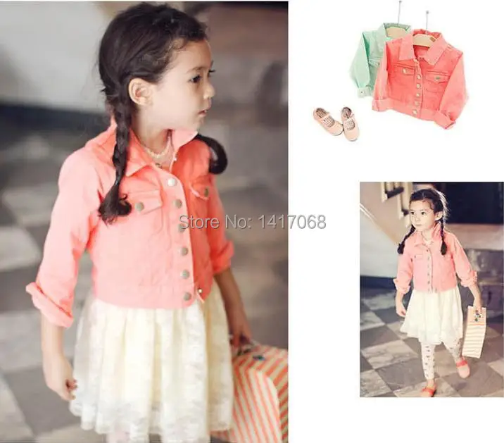 Retail 1PCS 2014 denim jacket candy color Kids Child Baby girl outerwear girls coat children clothing Girls free shipping | Детская