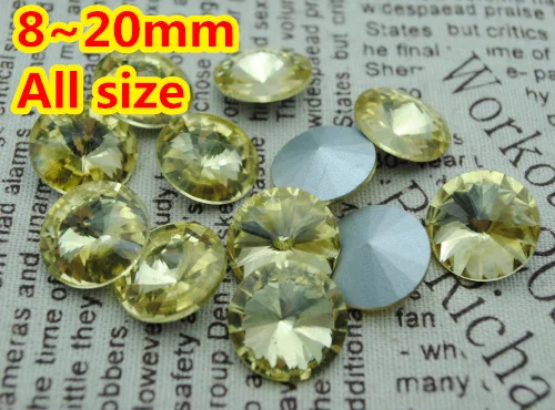 

100pcs/lot Jonquil Color 8mm,10mm,12mm,14mm,16mm,18mm,20mm Chinese Top Quality Round Fancy Stone Rivoli glass bead Free shipping