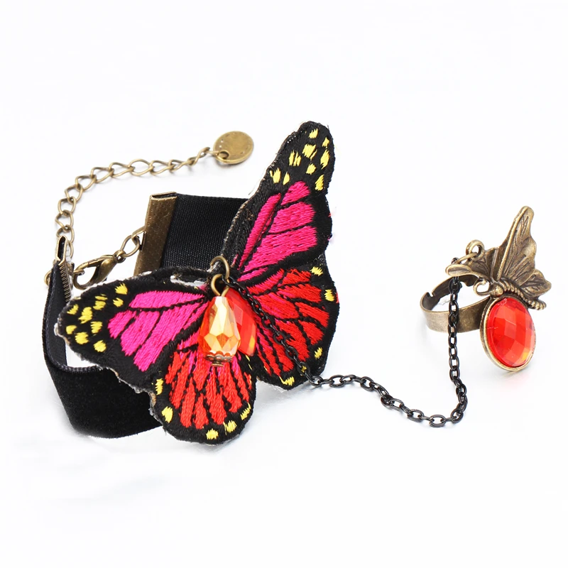 SOHOT Handmade Embroidery Butterfly Bracelets Rings Trendy Jewelry Set Crystal Cotton Antique Chain Party Accessories Women Gift | Украшения