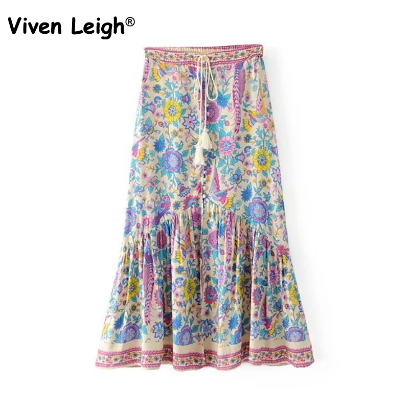 ГОРЯЧАЯ Павлин Цветочный принт кисточка шнуровкой Талии Юбка Ретро богемный