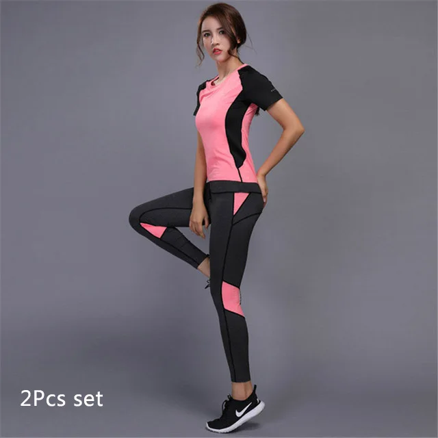 Pink 2Pcs set Женский комплект для бега, занятий йогой, футболка, спортивные костюмы, штаны для фитнеса, леггинсы, рубашка с коротким рукавом, комплекты для бега, одежда для спортзала и тренировок - Цвет: Pink 2Pcs set