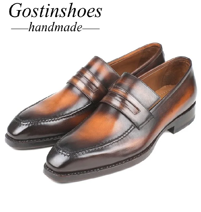 Коричневый GOSTINSHOES/Роскошные мужские мокасины ручной работы коричневого цвета, расписанные вручную, без шнуровки, из натуральной кожи, Goodyear, повседневная мужская обувь, SCT02 - Цвет: Коричневый
