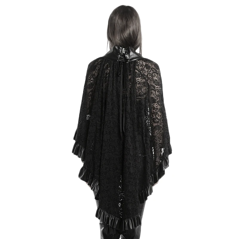 Черное готическое кружевное кожаное пальто в стиле панк Женское пальто-Тренч со