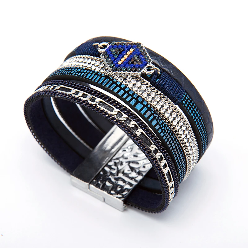 LAN CUI Fashion Alloy Crystal Beads Wide Magnetic Leather bracelets &amp bangles Multilayer Bracelets Ethnic Jewelry for Women Gift |
