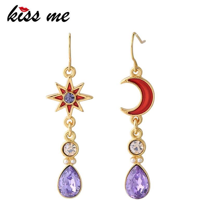 Женские серьги висюльки с Луной KISS ME фиолетовые красной эмалью модные вечерние