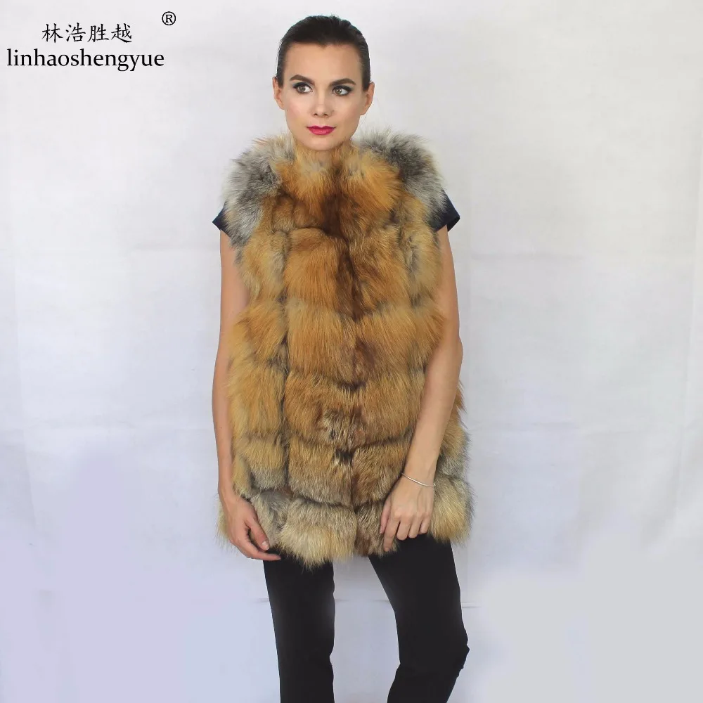 Linhaoshengyue Real   Red  Fox   Natural  Fur Vest Natural Fox Fur Women Vest Real Natural Fox Fur