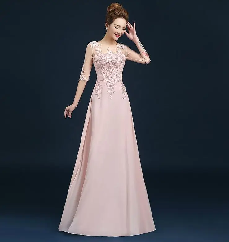 Розовый Vestido madrinha2019 новое из кружева, с вырезом на шее шифоновое, с рукавами до локтя линия Бирюзовый Розовый Фиолетовый королевский синий красное платье подружки невесты с длинными - Цвет: Розовый