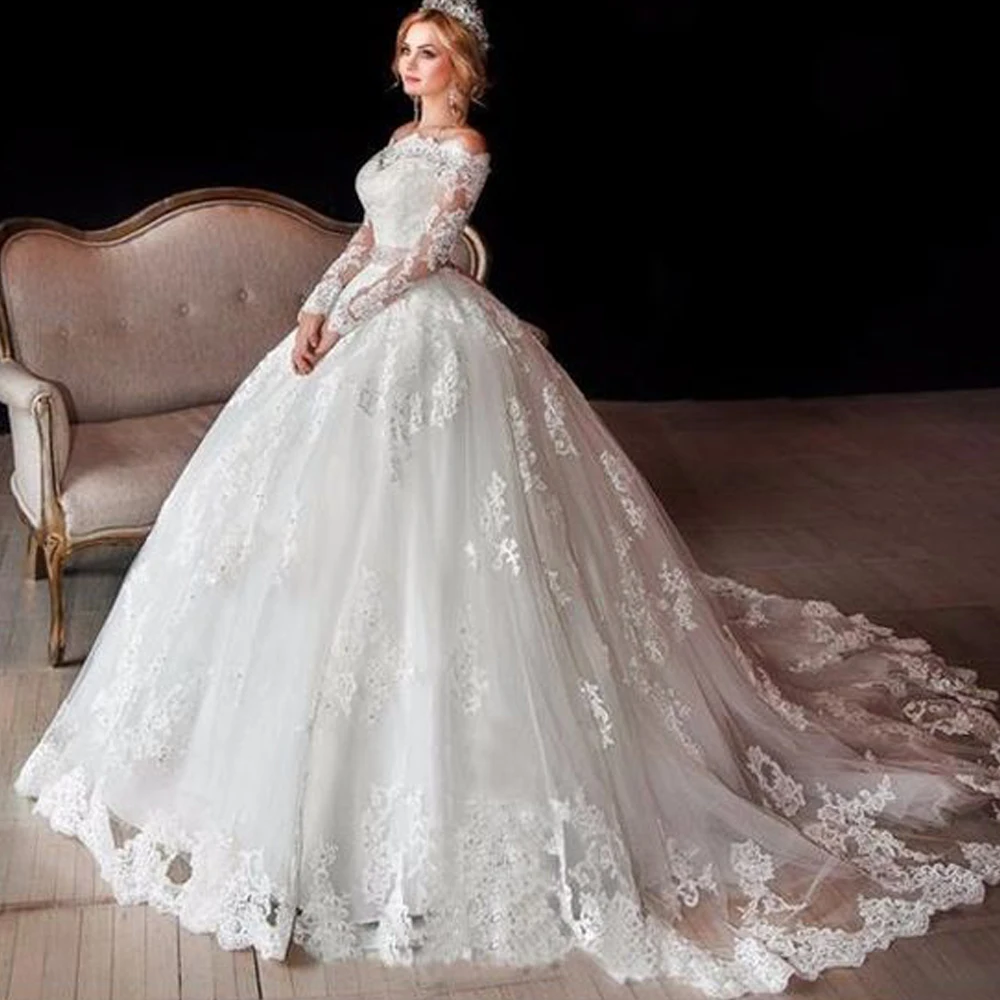 

wedding dresses 2019 lace appliques court train long transparent sleeve court train bridal dresses gowns cheap