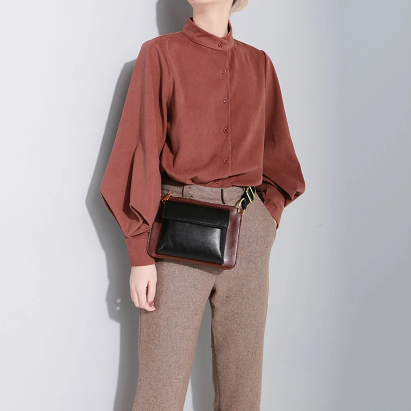 brick red TWOTWINSTYLE рубашка с рукавами-фонариками, топы, Женские винтажные блузки с длинными рукавами, повседневная одежда в Корейском стиле, новинка весны - Цвет: brick red