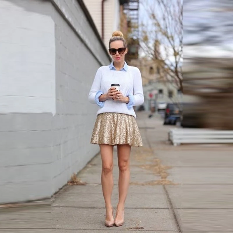 

Fashion Street Style Gold Sequin Skirt Personalized A Line Above Knee Mini Short Skirt Shiny Skirts Women