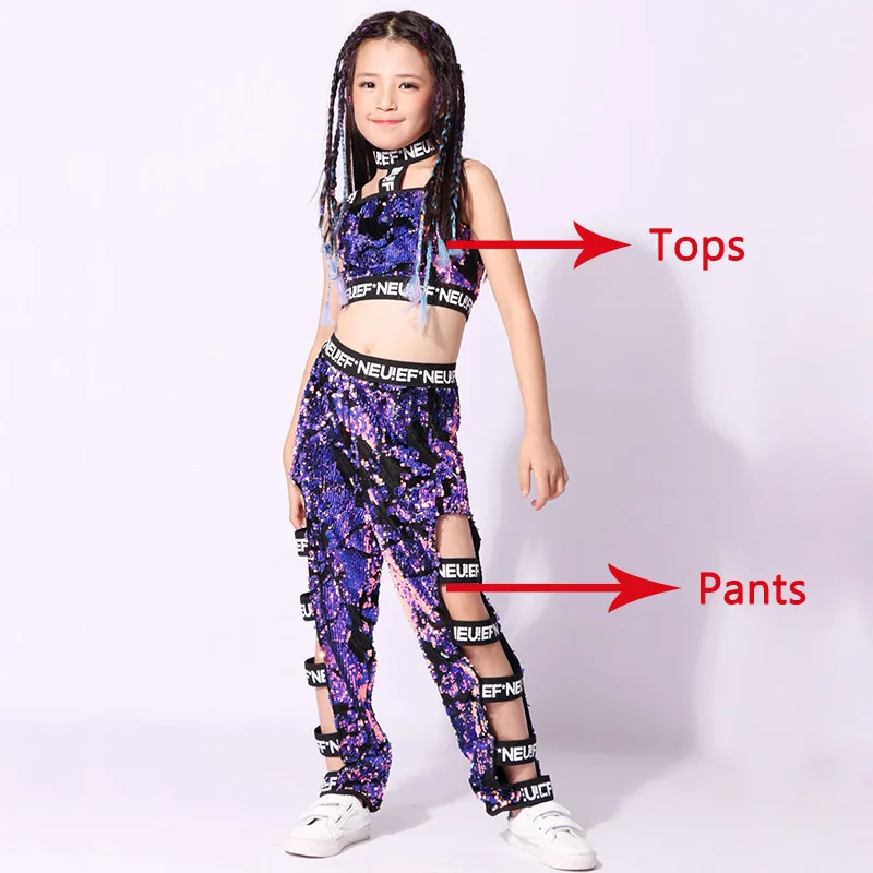 Tops and pants Девочек костюм Джаз современные с пайетками Одежда для танцев для детей в стиле хип-хоп, для танцев, тренировочная форма, детский уличный концерт одежда DQL068 - Цвет: Tops and pants