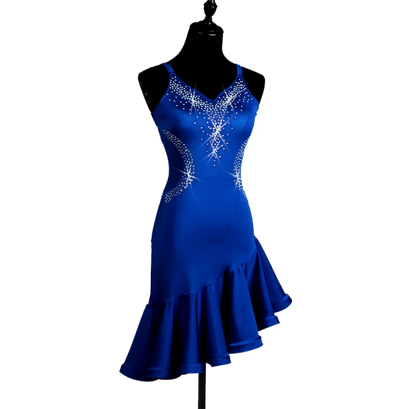Slim Latin Dance Dress Blue Rhinestone Cha Cha Salsa Samba Rumba Competition Dress Women Tango Performance Dancing Wear DC2492