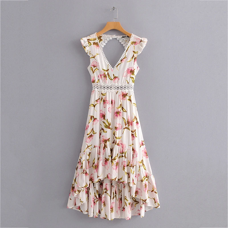 Elegant Floral Print Lace Trim Maxi Dress Party Vestidos Sexy Deep V Neck Backless Summer Women Boho Irregular Long | Женская одежда