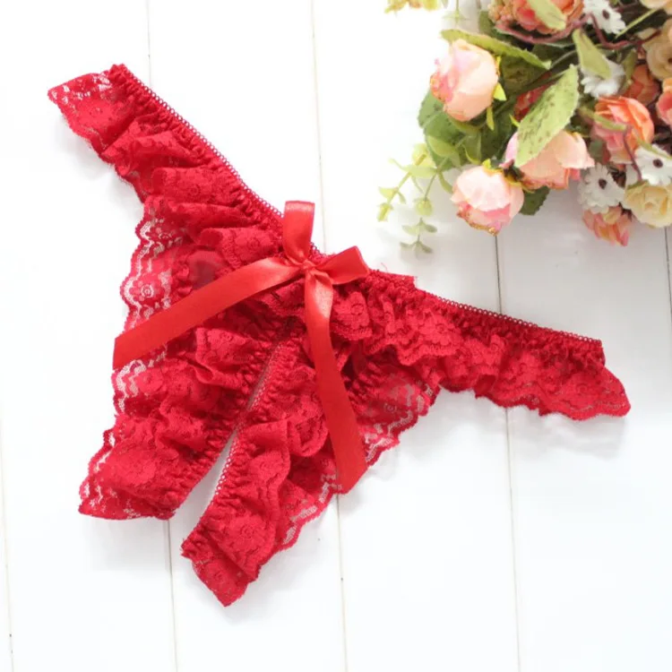 

New Brand Sexy Underwear Women Bow Lace Briefs Low Waist Open Crotch Solid Sexy Panties Erotic Lingerie