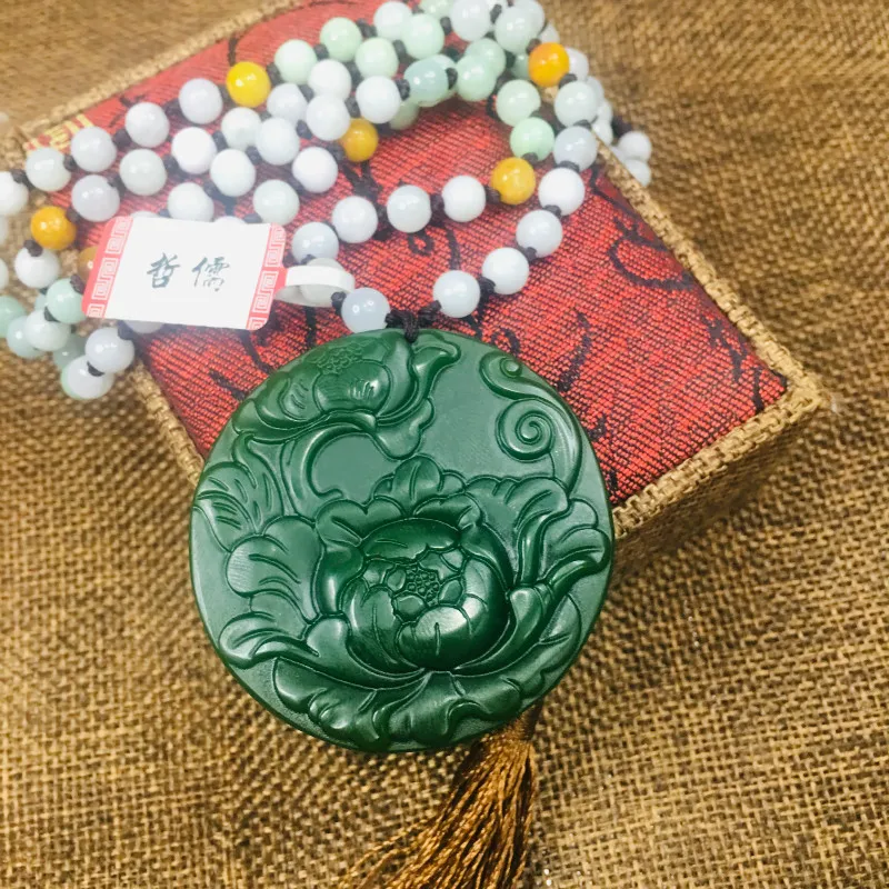 

New natural JADESt pendant carved green round peony flower pendant with three colored beads chain sweater chain