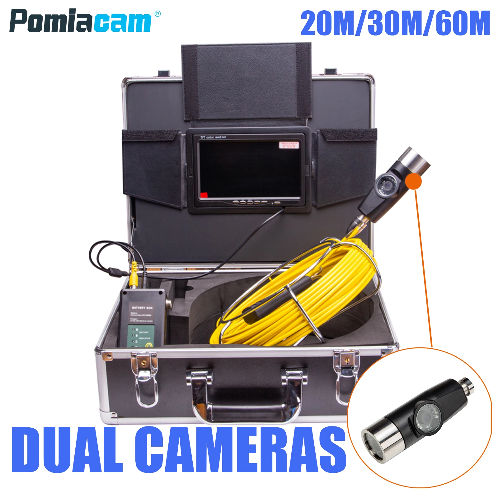 

WP70E 20M-50M Cable Endoscope 7 inch LCD 12LED/6LED Dual cameras Sewer Pipe Inspection System Borescope video with Aluminum box