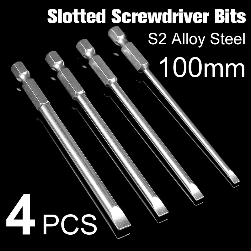

1 Set 4 Pieces Magnetic Slotted Screwdriver Bit Set 1/4" Hex Shank 100mm Long 3mm / 4mm / 5mm / 6mm Flathead Screwdriver Bit Set