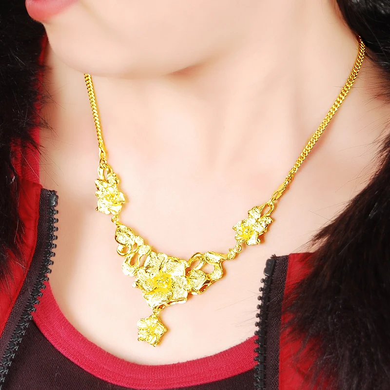 

Vintage 24K Gold Color Exquisite Flower Pendants Necklace Fashion Jewelry 9mm Link Chain for Women Necklace Luxury Wedding Gifts