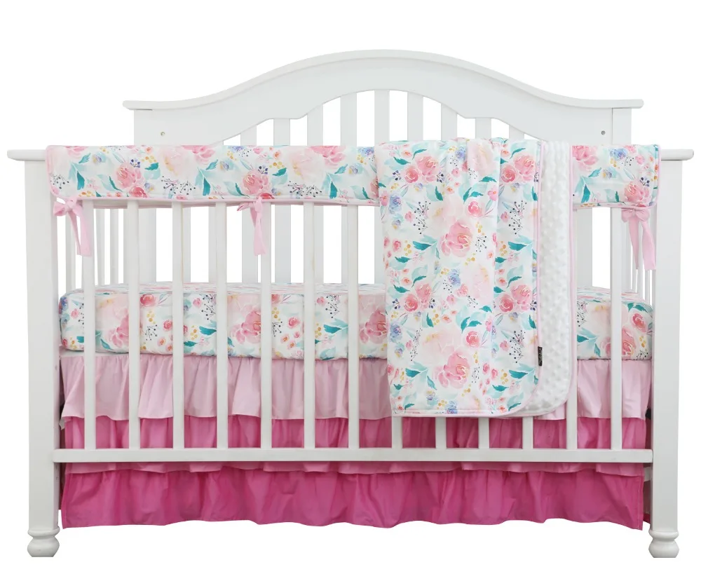 

Sahaler Crib Rail Guard Set Boho Floral Nursery Baby Bedding Ruffled Crib Skirt Crib Rail Cover Set White Romantic Blooms Floral