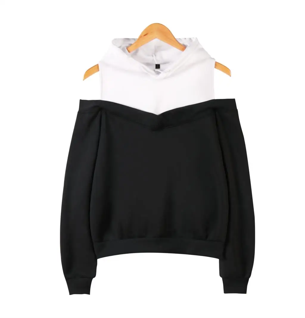black Solid color Дропшиппинг DIY логотип на заказ сексуальные с открытыми плечами женские толстовки с капюшоном уличная Kpop Настроить пуловер поддельные две части - Цвет: black Solid color