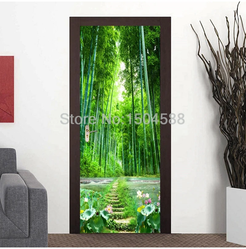 ПВХ Наклейка на дверь 3D Природа Пейзаж бамбуковый лес дорожка обои гостиная кухня самоклеющиеся настенные 3D наклейки s домашний декор