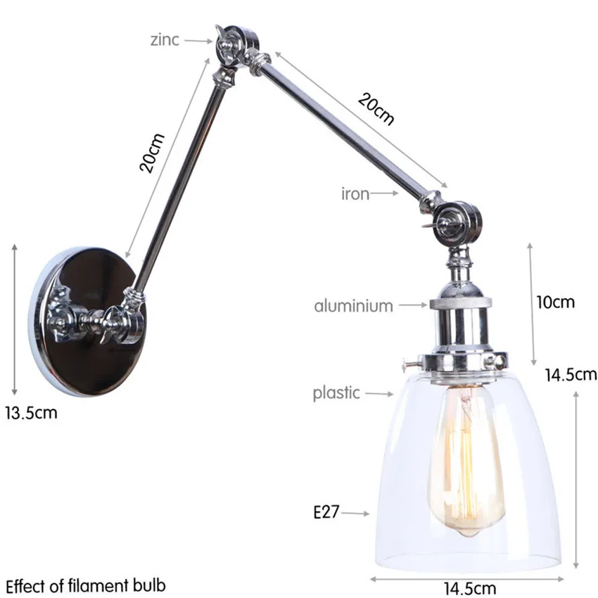 Goedkoop Antieke Verstelbare Swing Wandlamp Led Schansen Edison Loft Retro Lange Arm Wandlamp Decor Home Verlichting Ijzer Glas Armaturen
