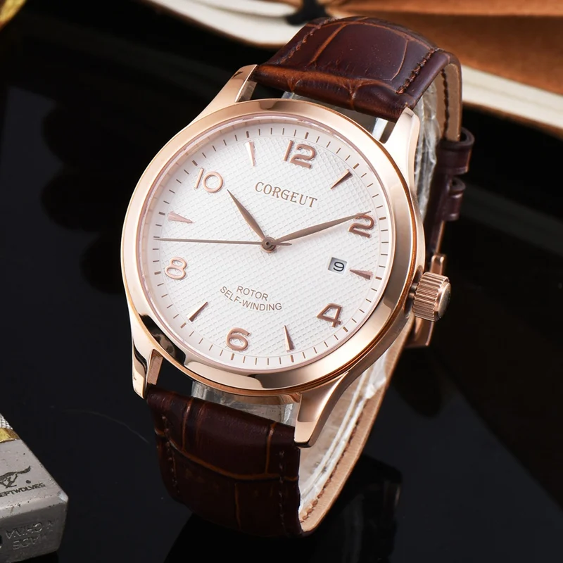 Corgeut 42 мм Мужские автоматические часы Miyota 821A Mov не белые с циферблатом Rosegold чехол