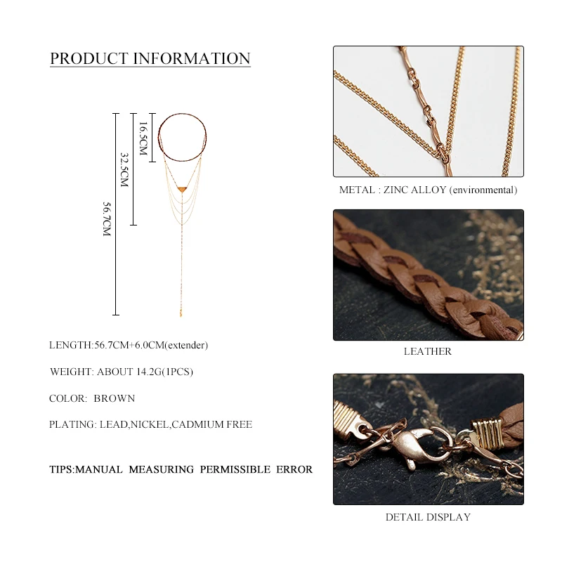 Women Brown Braided Leather Choker Alloy Gold Multilayer Necklace Natural Stone Pendant Charm Collar Jewelry | Украшения и