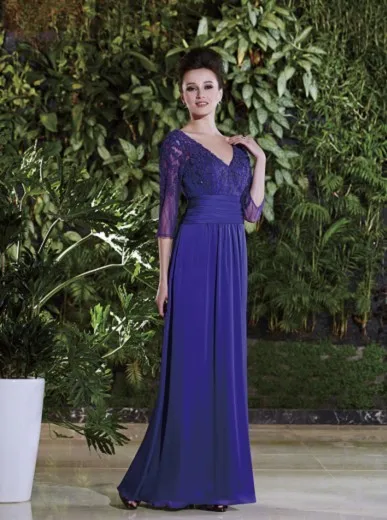 Sexy Pant Suits See Through V Neck Purple Long Chiffon Mother Of The Bride Lace Dresses with Sleeves 2015 New Arrival HM180 | Свадьбы и