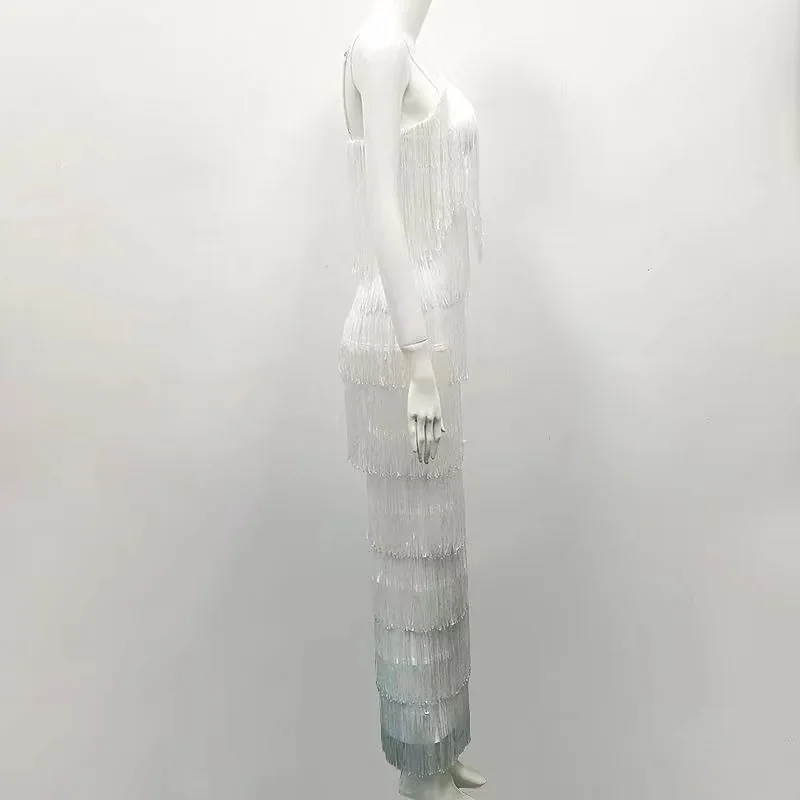 Высококачественное белое платье с кисточками и v образным вырезом длинное