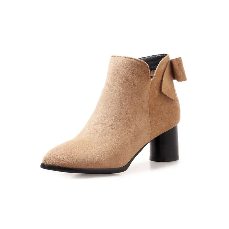 

Womens Flock Pointed Toe Side Zipper Round Heel Ankle Solid PU Rubber Short Plush Chelsea Boots Butterfly-knot Shoes Footwear