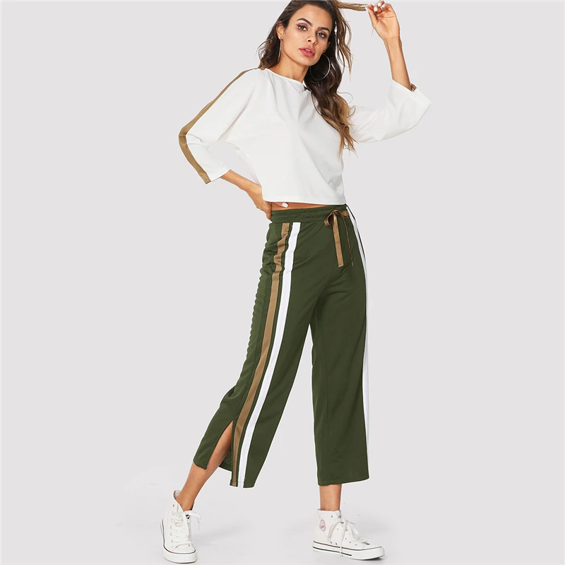Dotfashion полосатый контрастный Топ и штаны с завязками на талии, весенний круглый вырез, рукав 3/4, комплект из 2 предметов, осенняя женская повседневная одежда