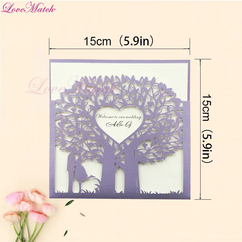 50pcs/lot Laser Cut Lovers Tree Heart Invitation Card for Wedding Guest Greedting Cards Can Be Customized Party Supplies |