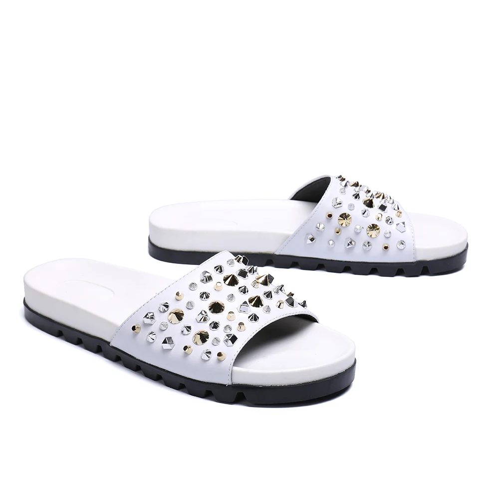 Мужские шлепанцы с заклепками из натуральной кожи|Тапочки| |