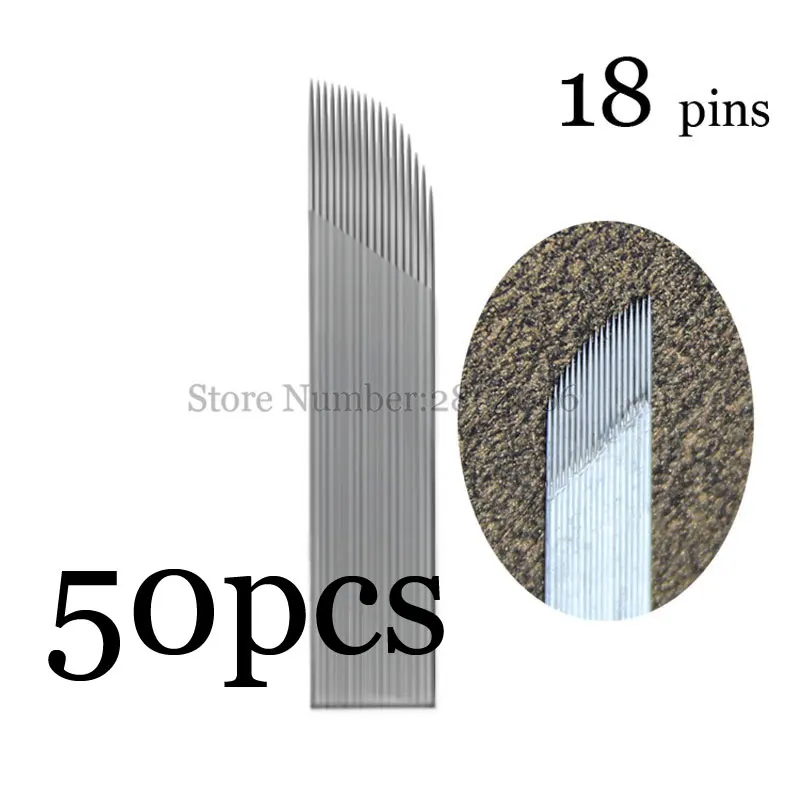 18pins 50pcs 50/100 шт двухрядные ручная игла Ручка лезвия 15 контактов, микро лезвия, Перманентный макияж, микро лезвия, для тату бровей, 3D вышивка - Габаритные размеры: 18pins 50pcs