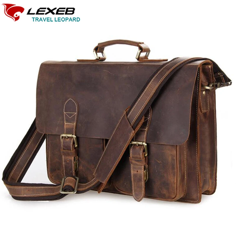 LEXEB Винтаж Crazy Horse кожа для мужчин's Мужские портфели прилагается 15 &quotчехол