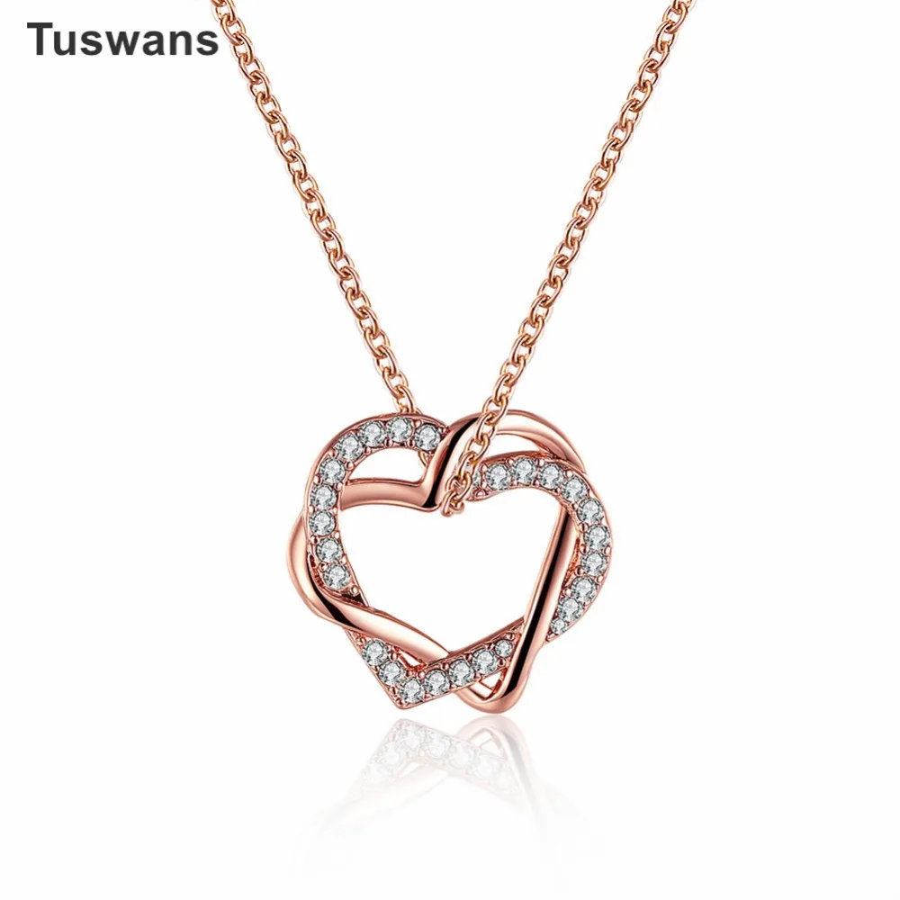 Модное двойное в форме сердца ошеломленное розовое золото цвет нежный CZ микро