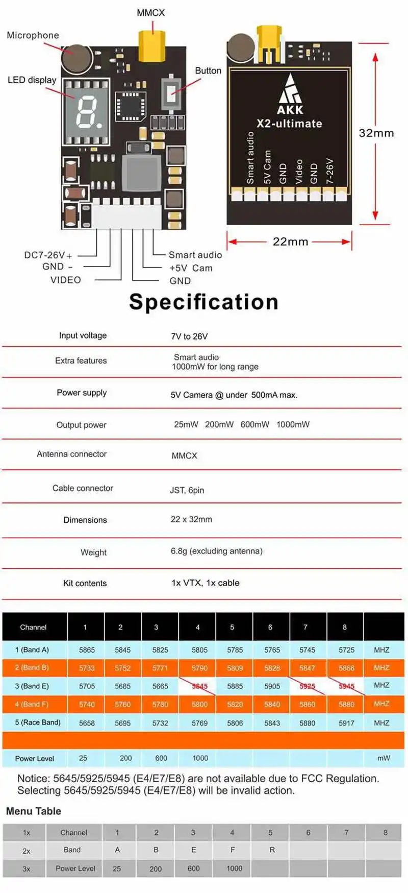 АКК X2-ultimate США 25 МВт/200 мВт/600 мВт/1000 mW 5,8 ГГц 37CH AV FPV передатчик VTX и Smart Audio для Drone Запчасти Аксессуары