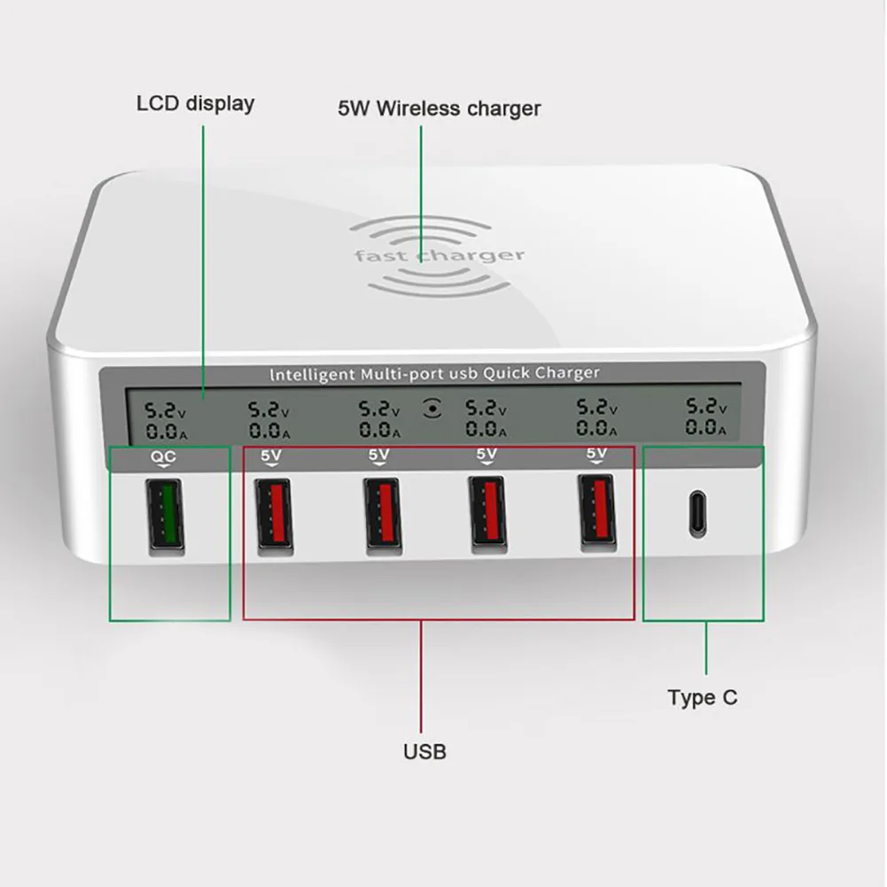 Wireless Fast Charger Tablet Professional Practical LCD Display Phone Multi Port 7 In 1 USB 3.0 Current Qi Voltage | Электроника