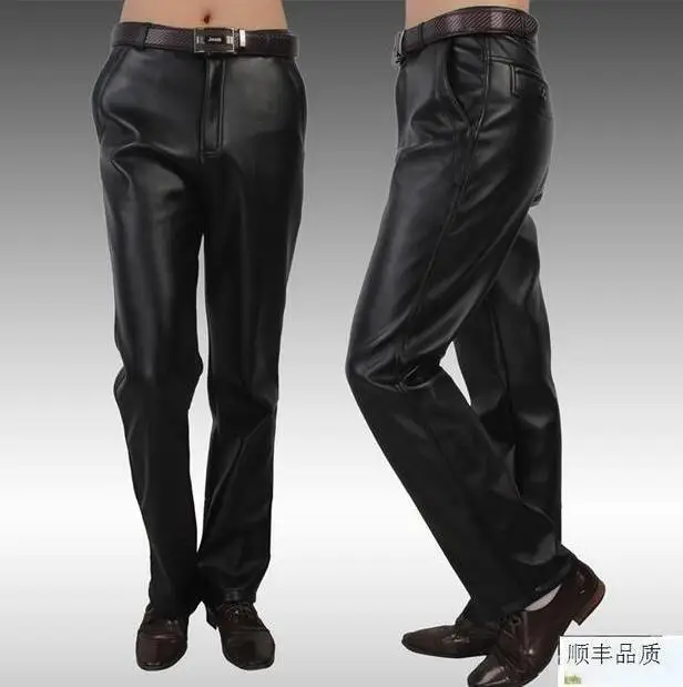 Motorcycle leather pants mens winter loose straight  velvet thicken  mens faux leather trousers male black fashion