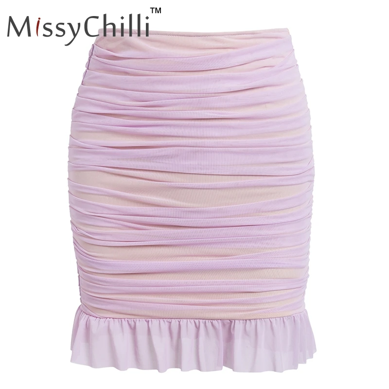 MissyChilli Elegant pleated bud ruffle women skirt Summer casual pink mesh mini Female streetwear high waist bottom | Женская одежда