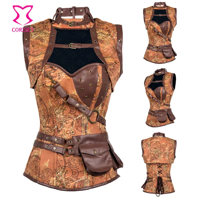 Коричневый винтажный принт джинсовая куртка + юбка корсет готические платья