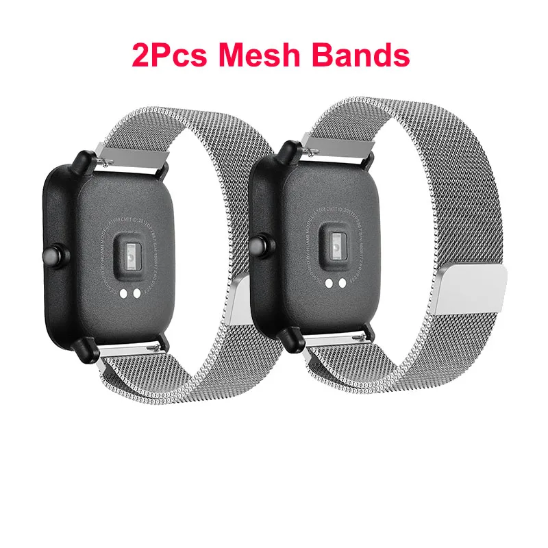 Металлический браслет миланские часы ремешок для Xiaomi Huami AMAZFIT Bip Smartwatch 20 мм Универсальный Ремень Замена для WeLoop hey 3s - Цвет: 2Pcs Mesh Silver