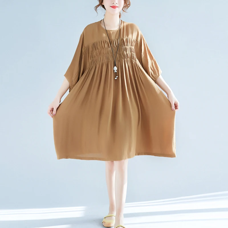 Plus Size Summer Dresses Chiffon Loose Dress Women Short Sleeve O-neck Solid Color Vestidos Female Casual FP0584 | Женская одежда