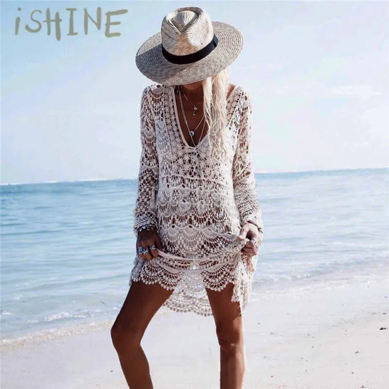 ISHINE Женская пляжная блузка накидка открытая трикотажная рубашка летняя вязанная