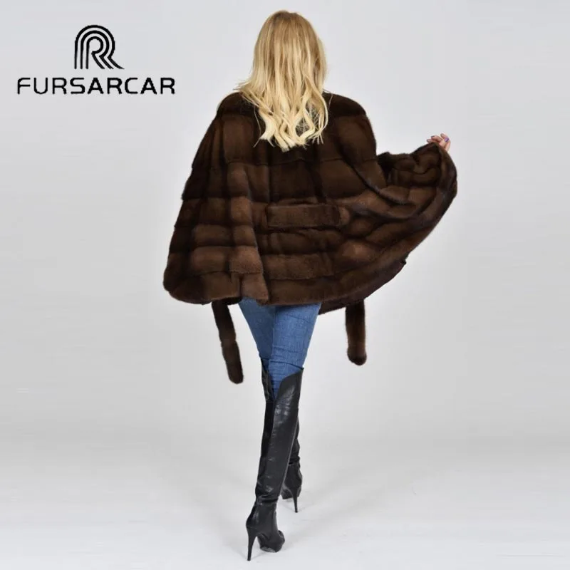 

FURSARCAR Bat-sleeved New Style Real Mink Fur Coats Women Luxury Winter 60 CM Regular Long Genuine Leather Mink Fur Female Coat